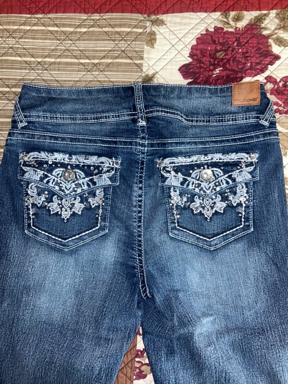 Wallflower Distressed Blue Flare Jeans with Embroidered Back Pockets